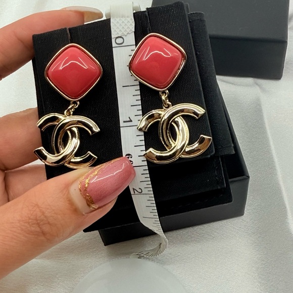 Chanel Pink Enamel Gold CC Dangle Statement Earrings - Picture 3 of 11